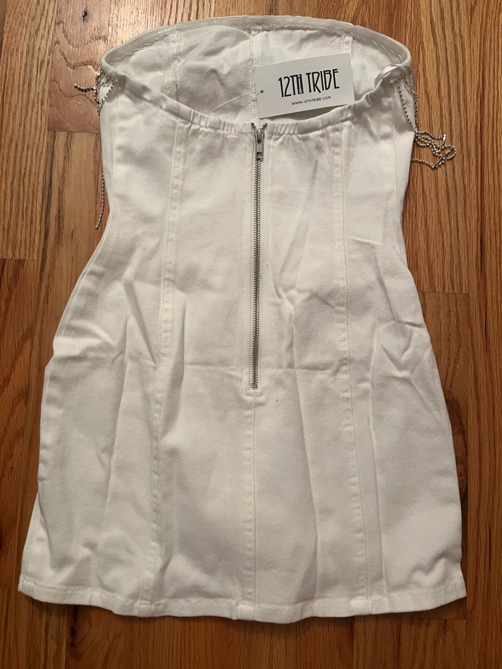 NWT 12th Tribe Rylie Denim White Strapless Mini Dress Rhinestone Fringe Sz S - Picture 7 of 10
